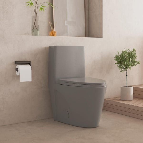 Dual Flush 1.1/1.6 GPF Elongated 1-Piece Toilet in Matte Gray with Soft Closing Seat Cover, Seat Included