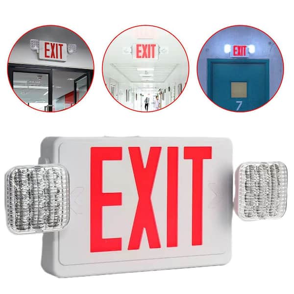 120-277-Volt White Integrated LED Exit Sign Emergency Light with 2 Square Adjustable Lamp, 90 Min Backup, UL Listed