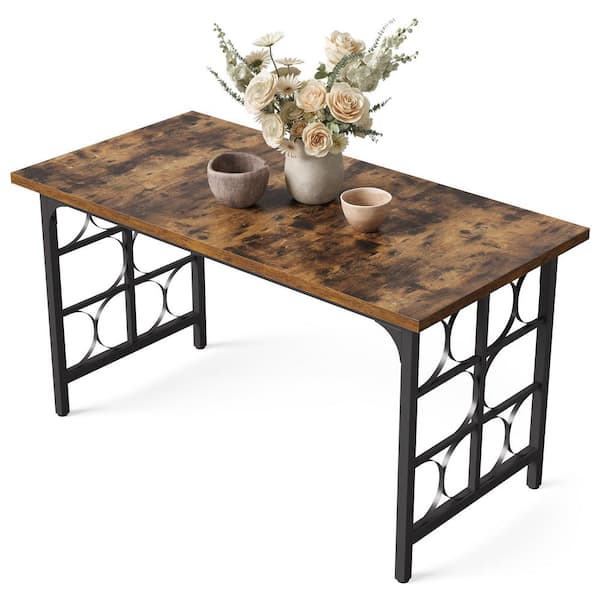 Halseey Brown Black 55 in Wood Rectangle 4 Legs Dinner Kitchen Dining Table Seat 6 Heavy Duty Frame Farmhouse Simple