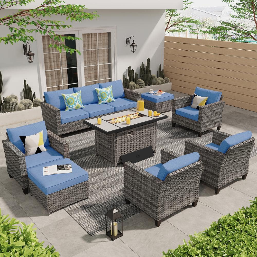 XIZZI Milan Gray 8-Piece Wicker Outdoor Patio Rectangular Fire Pit ...