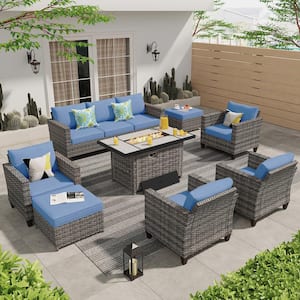 Milan Gray 8-Piece Wicker Outdoor Patio Rectangular Fire Pit Seating Sofa Set and with Denim Blue Cushions