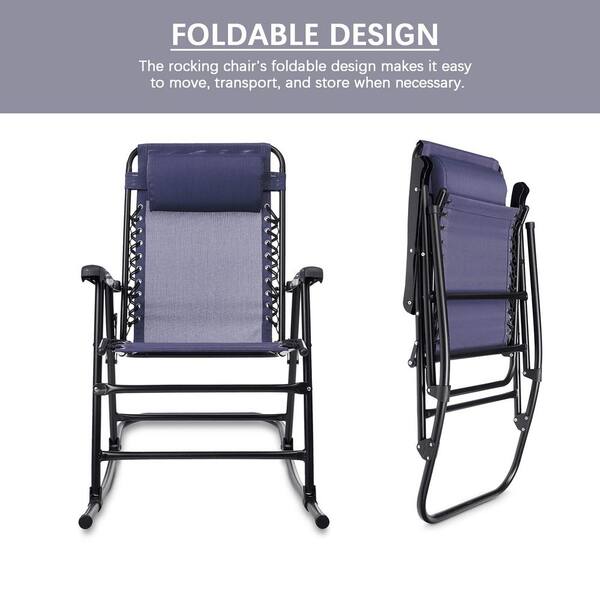 Navy Metal Zero Gravity Folding Outdoor Rocking Chair with Pillow