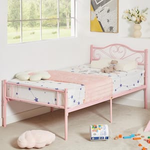 Twin Bed Frame, Pink Platform Bed No Box Spring Needed, Heavy Duty Steel Slats Support Bed