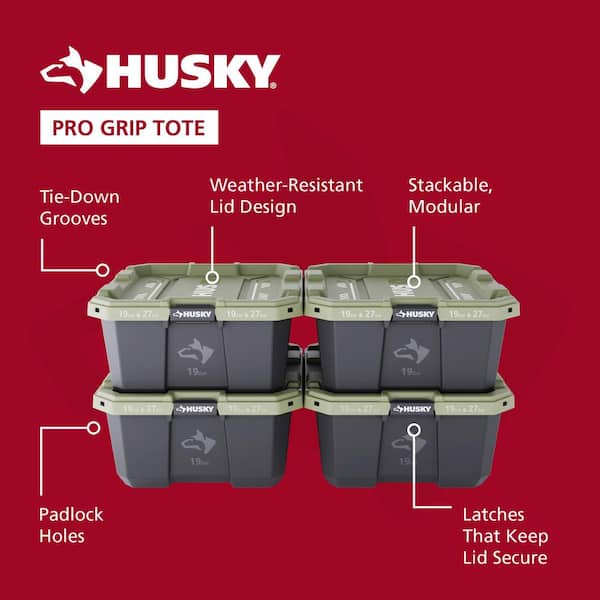 19 Gal. Pro Grip Storage Tote in Black with Army Green Lid (4-Pack)