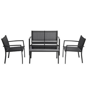 Black 4-Piece Outdoor Garden Wicker Patio Conversation Sets Poolside Lawn Chairs with Glass Coffee Table