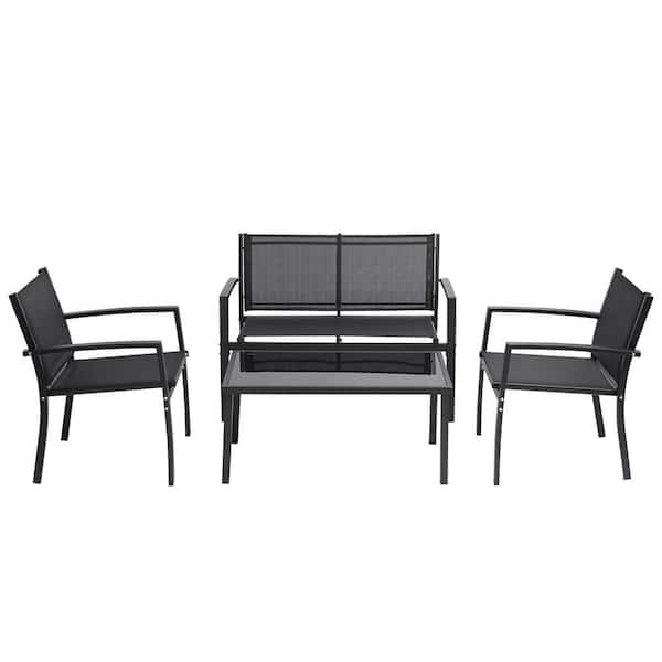 Silverpark Black 4-Piece Outdoor Garden Wicker Patio Conversation Sets Poolside Lawn Chairs with Glass Coffee Table