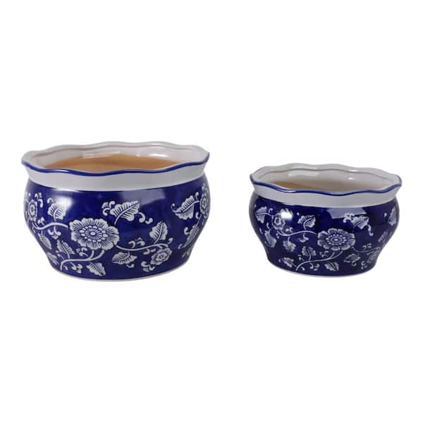 10 in. and 12 in. Blue/White Ceramic Round Chinoisere Decorative Pots (Set of 2)