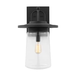 Tybee Extra Large 1-Light Black Hardwired Outdoor Wall Lantern Sconce with Clear Glass Shade