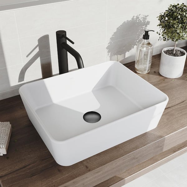 VIGO Matte Stone Marigold Composite Rectangular Vessel Bathroom Sink in White with Faucet in Matte Black and Pop-Up Drain