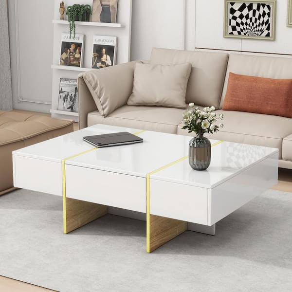 Nestfair 47.2 in. White Rectangle MDF Top Coffee Table with 2 Drawers