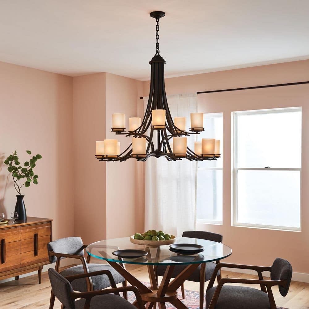 Elegant Olde Bronze 15-Light Two-Tier Chandelier with Light Umber Glass