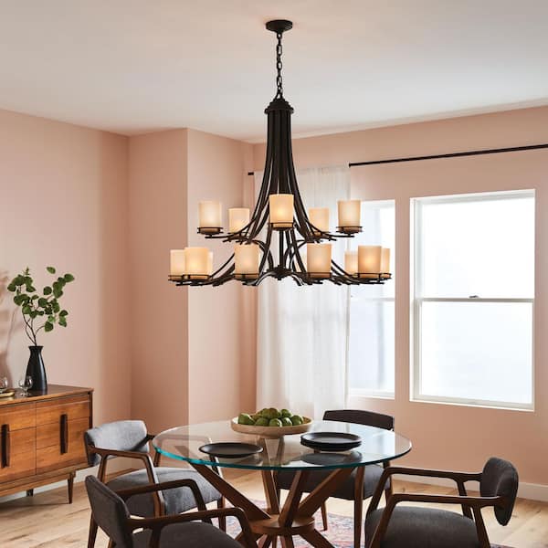 Hendrik 42.25 in. 15-Light Olde Bronze Contemporary Shaded Cylinder Chandelier for Dining Room