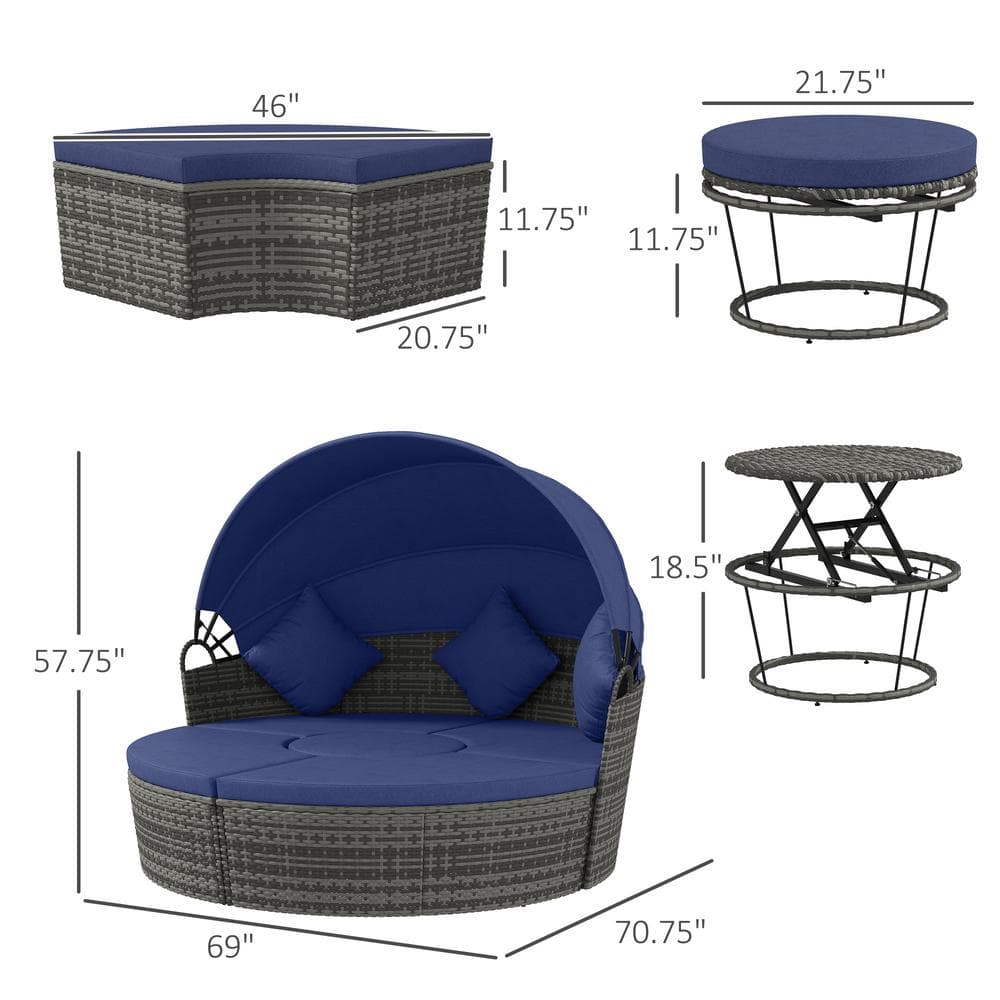 Dark Blue Round Rattan Outdoor Daybed with Adjustable Canopy