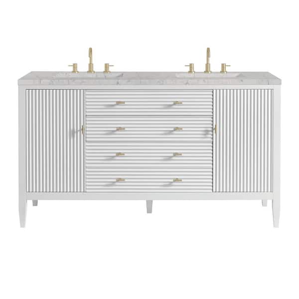 James Martin Vanities Myrrin 60.0 in. W x 23.5 in. D x 34.06 in. H Double Bath Vanity in Bright White with Eternal Jasmine Pearl Quartz Top