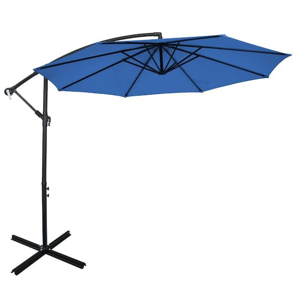 HONEY JOY 10 ft. Offset 8 Ribs Metal Cantilever Patio Umbrella with Crank for Poolside Yard Lawn Garden in Navy