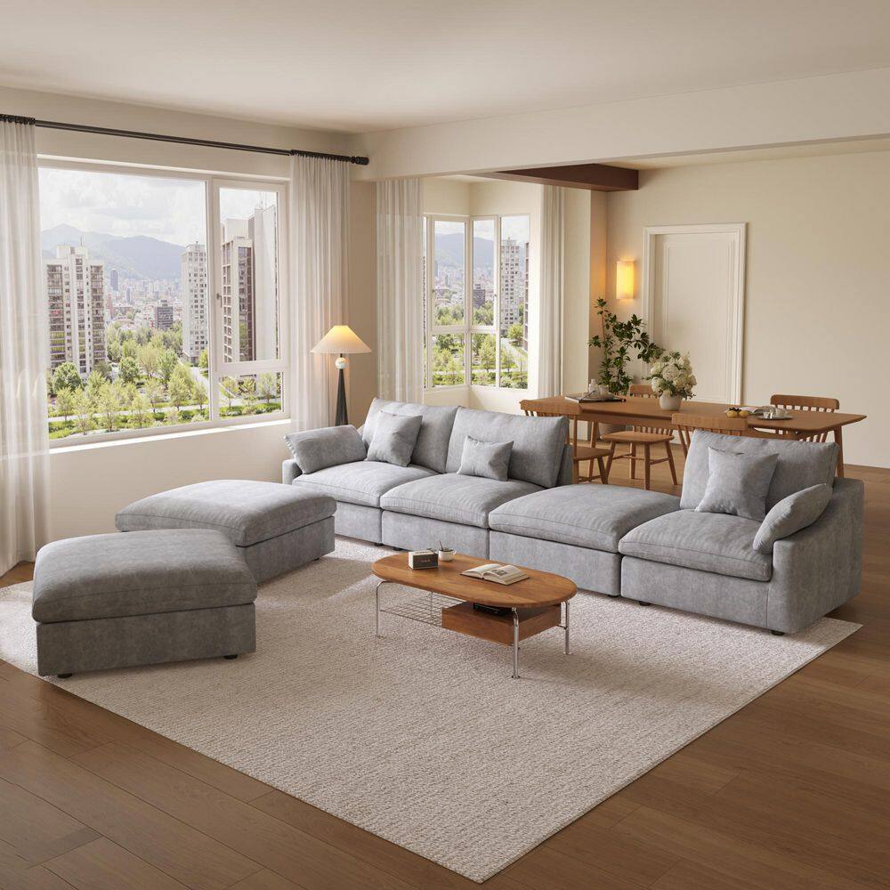Gray Sectional Sofa 6-Piece Linen Feather Modular Free Combination Living Room Set with Ottomans, Removeble Covers