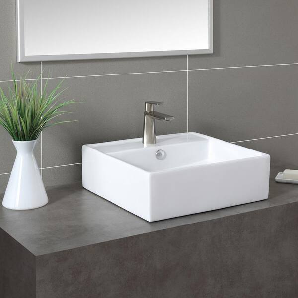 KRAUS Square Ceramic Vessel Bathroom Sink with Overflow in White