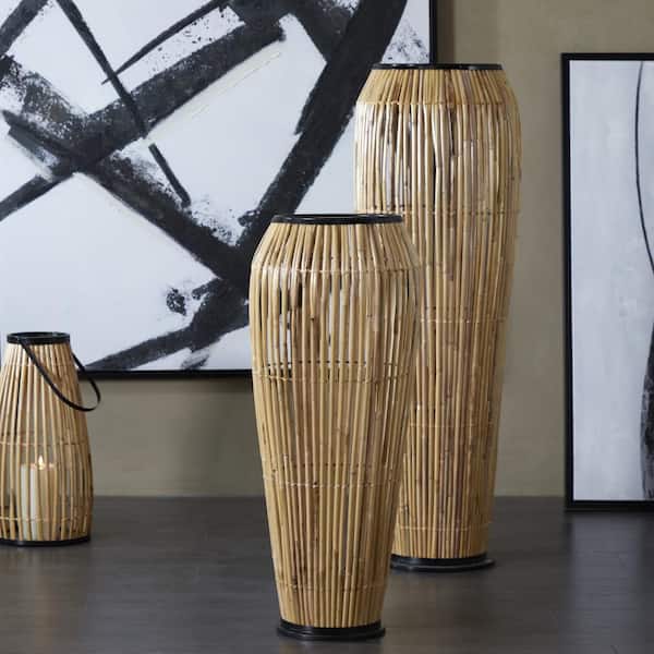 34 in. Brown Handmade Slatted Frame Wicker Wood Decorative Vase with Black Metal Accents