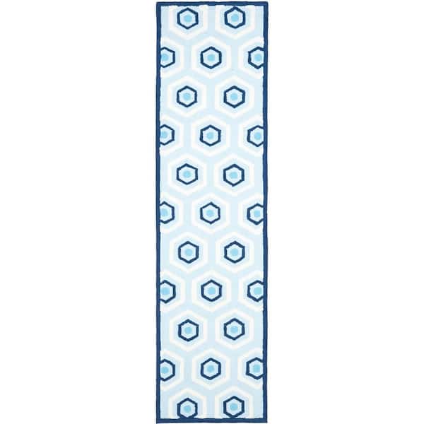 Kids 2 ft. x 7 ft. Blue/Ivory Hexagon Geometric Runner Rug