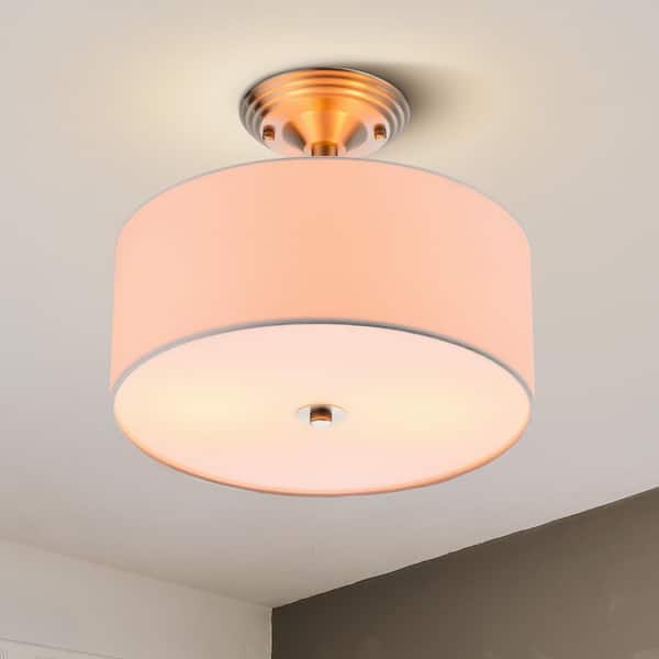 13 in. 2-Light Brushed Nickel Semi-Flush Mount Light with Fabric Drum Shade