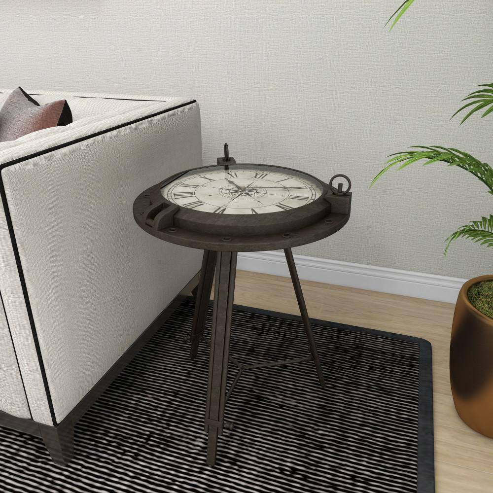 Black Iron Compass Clock Accent Table with Glass Top