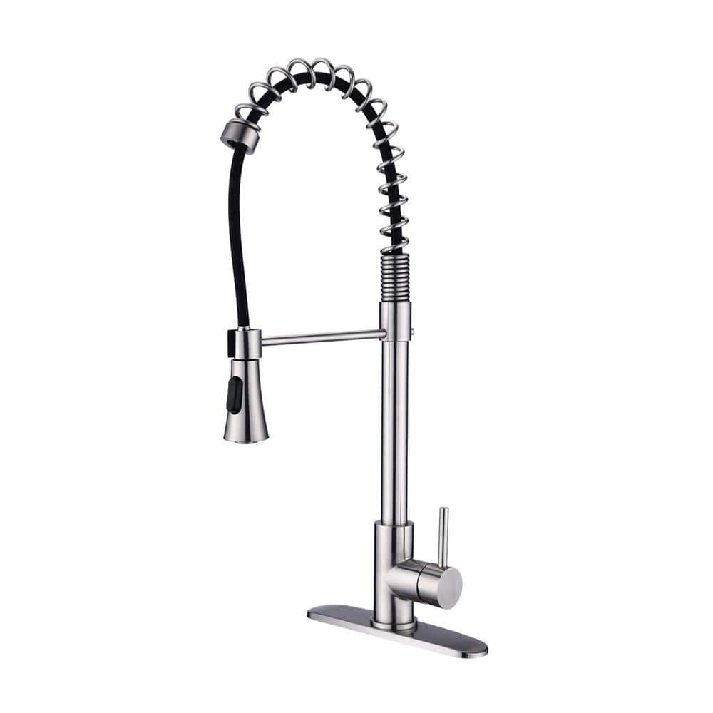 Single Handle Spring Pull Down Sprayer Kitchen Faucet with Deck Plate, Pull Out Kitchen Faucet in Brushed Nickel