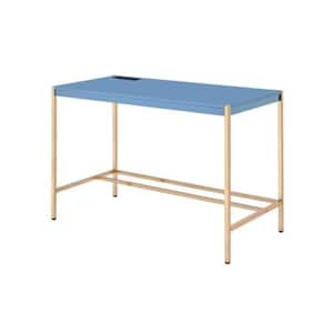 20 in. Rectangular Blue and Gold Wood Top 0-Drawer Writing Desk with USB Dock and Metal Legs