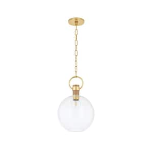 Catrine 12 in. 1-Light Aged Brass Finish Pendant Light with Clear Glass Shade