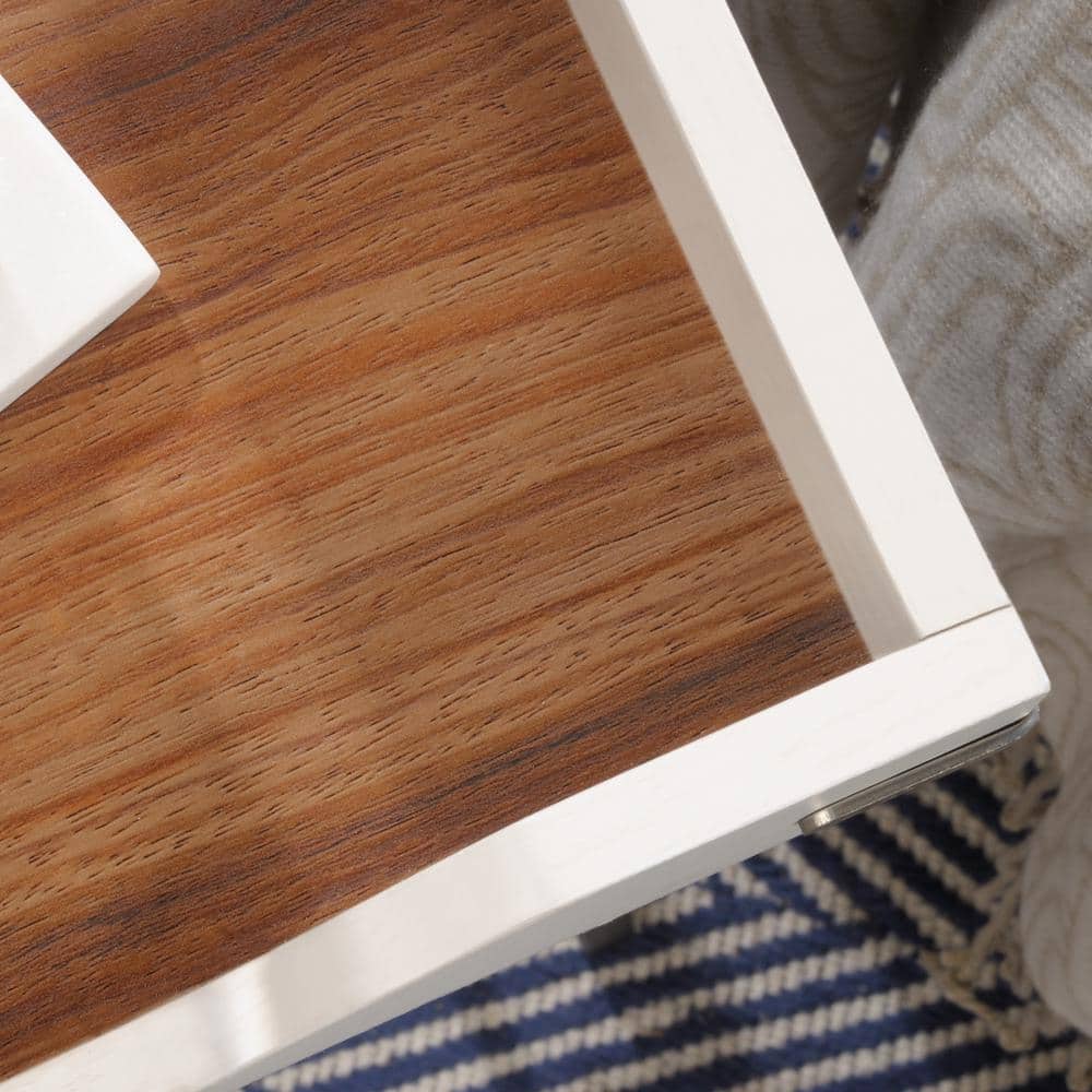 Pearl Oak and Blaze Acacia Tray Top Side Table with Metal Accents