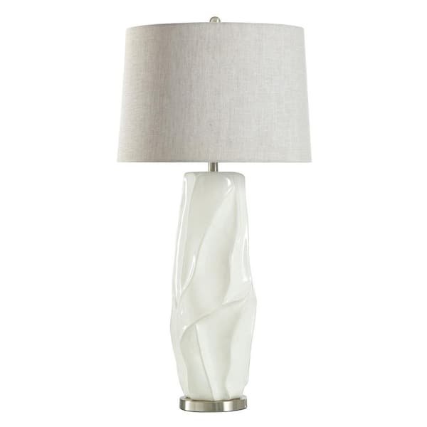White Table Lamp with Gray Linen Shade 38 in.