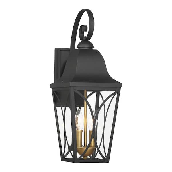 Cardigan 20.5 in. Sand Black and Olden Brass Outdoor Hardwired Lantern Wall Sconce with Glass Shades, No Bulbs Included