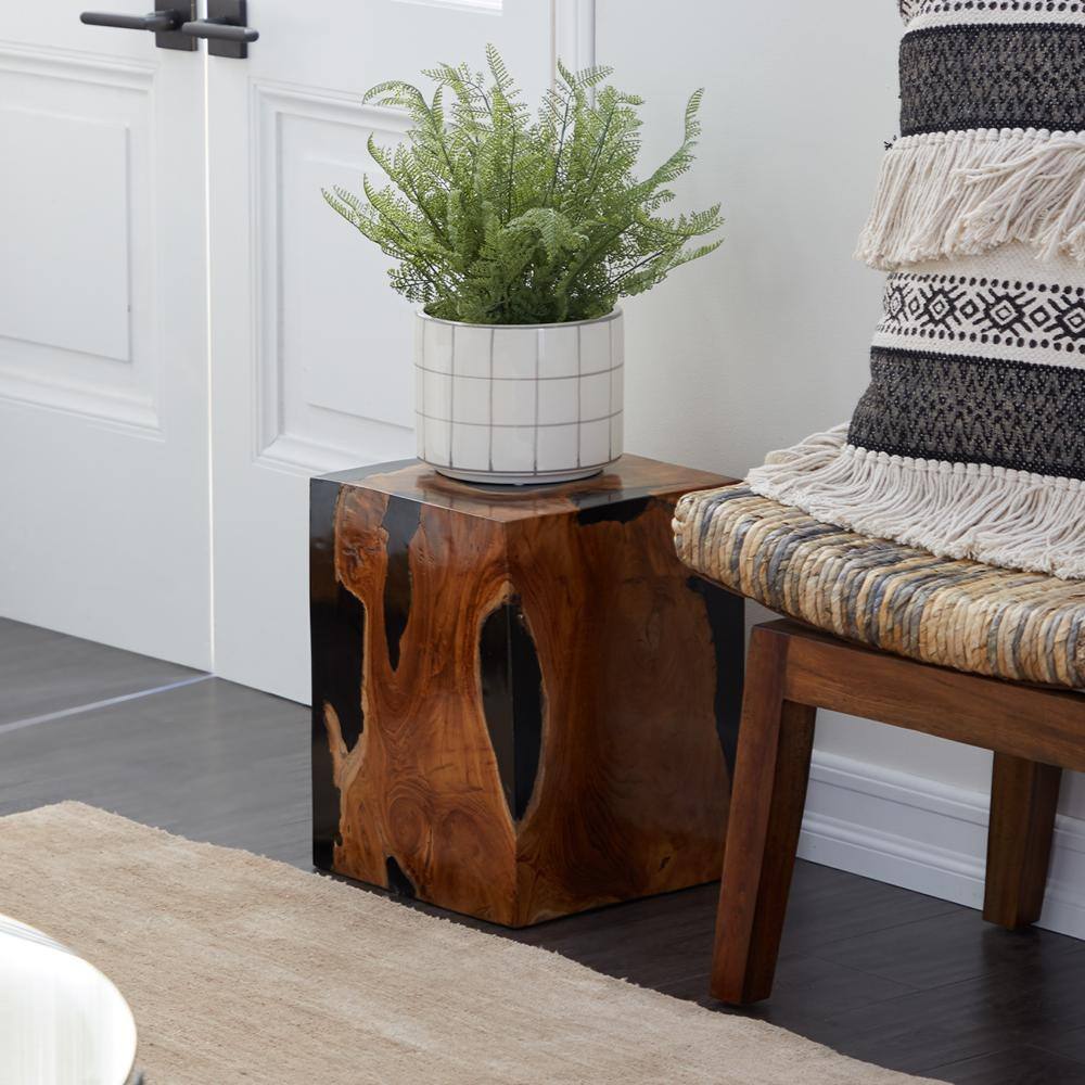 Black Teak Wood Accent Table with Resin Inlay