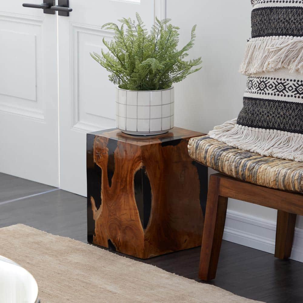 Black Teak Wood Accent Table with Resin Inlay