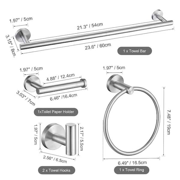 5-Piece Bath Hardware Set Accessories with Towel Bar Towel Hook Toilet Paper Holder and Towel Ring in Brushed Nickel
