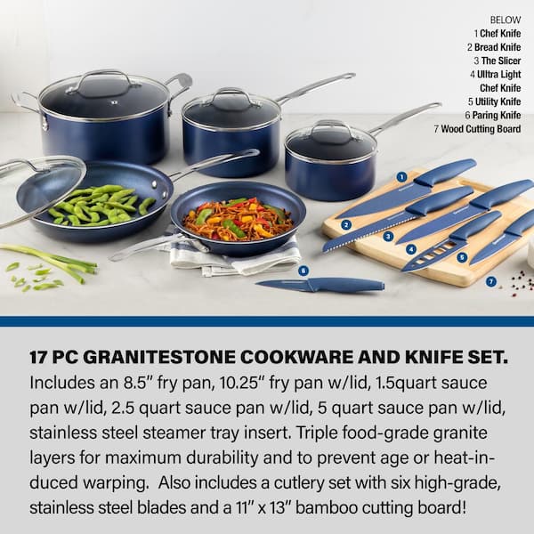 Granitestone 17 Piece Complete Nonstick Cookware Set - Includes 10 Piece Pots and Pans Set + 6 Piece Knife Set and 1 Cutting Board, 100% PFOA Free