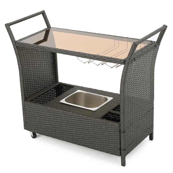Unbranded Outdoor Serving Cart with Wheels, Removable Ice Bucket Bin Tempered Glass, Aluminum Frame, Gray