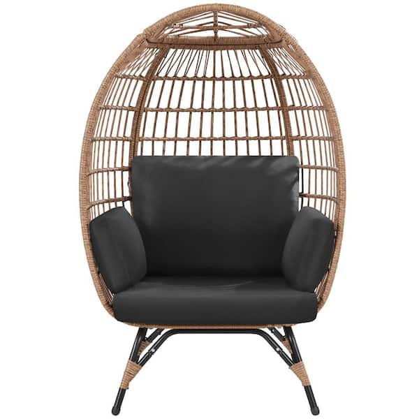 PE Rattan Egg-Shaped Chair Outdoor Wicker Egg Basket Lounge Chair with 4 Black Cushions for Patio Backyard