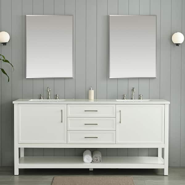 SUDIO Arlo 72 in. W x 22 in. D x 34 in. H Bath Vanity in White with Engineered Stone Top in Ariston White with White Sinks