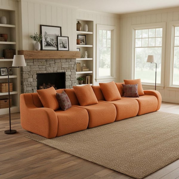 AURA 148 in. Slope Arm 3-Piece Teddy Fabric Modular with Anti-Slip Base Sectional Sofa in Pumpkin Orange