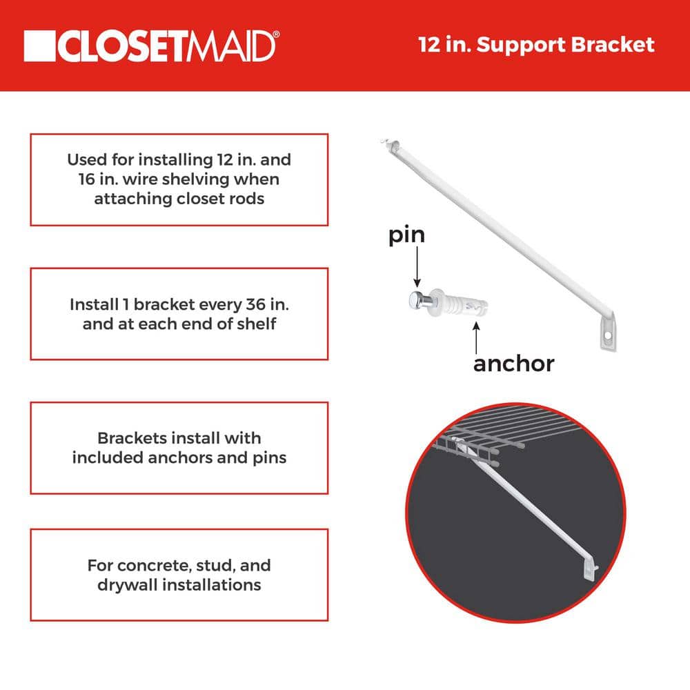 12-Inch White Metal Wire Shelving Support Bracket