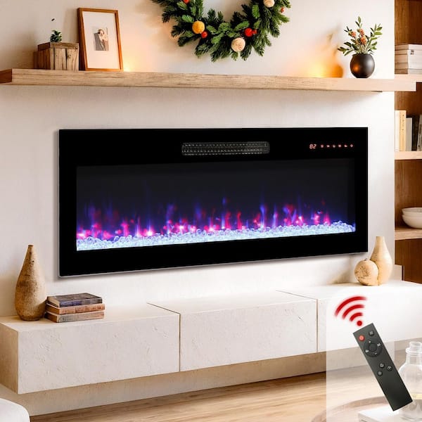 36 in. Wall Mounted Electric Fireplace Recessed Ultra Thin Tempered Glass Front Heater with Remote and Multi-Color Flame