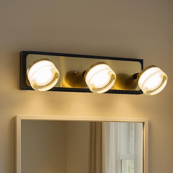 W19" 3-Light Modern Integrated LED Bathroom Vanity Light in Black and Brass Finish with White Acrylic Shade Wall Sconce