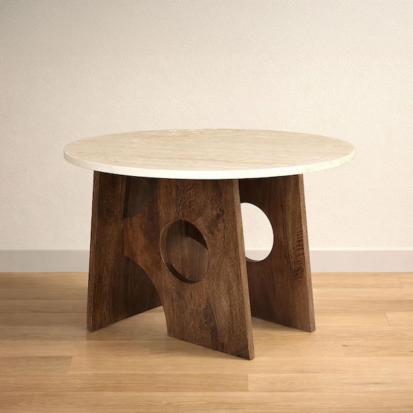 Tara Brown and White Botticino Italian Marble 48 in. Artisan column Base Dining Table Seating for 4-6