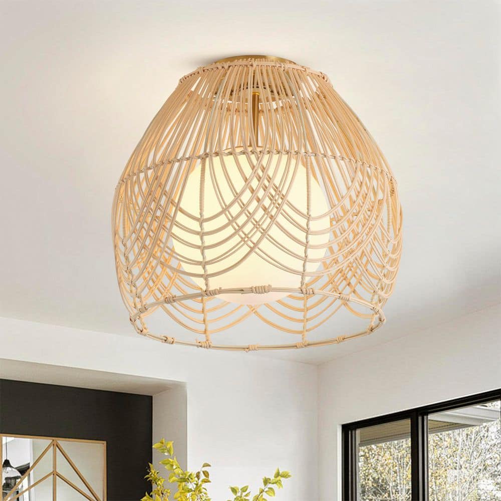 aiwen 14.17 in. 1-Light Woven Rattan Bamboo Flush Mount Boho Farmhouse ...
