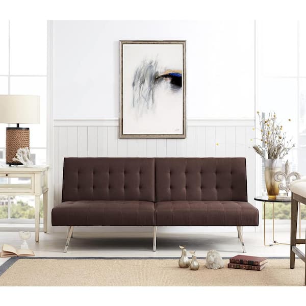 MAYKOOSH 68.5 in W Espresso Tufted Split Back Futon Sofa Bed, Linen Couch Bed, 3-Seat Futon Convertible Sofa Bed