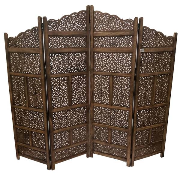 Benjara Brown Hand Carved Foldable 4-Panel Wooden Partition Room Divider