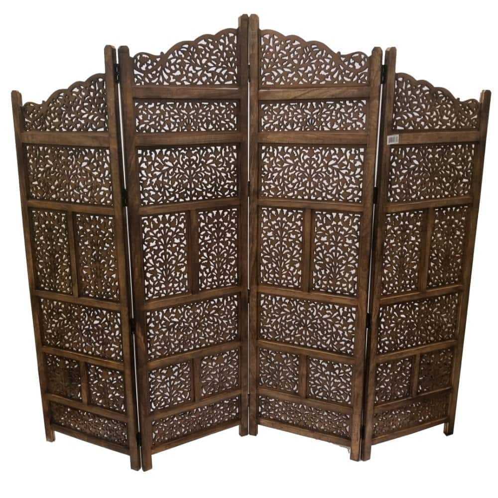 Handmade Dark Brown Mango Wood 4-Panel Room Divider