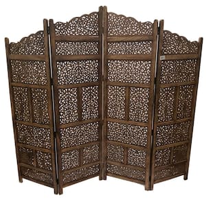 Brown Hand Carved Foldable 4-Panel Wooden Partition Room Divider