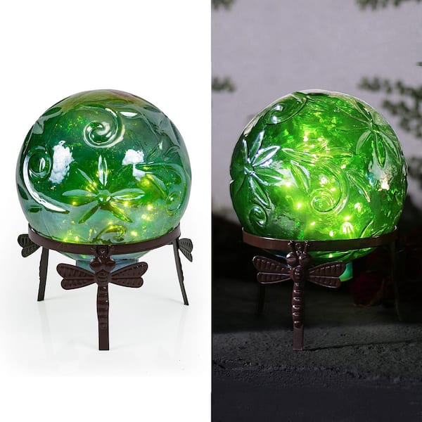 Alpine Corporation 13 in. Tall Indoor/Outdoor Pearlized Green Glass LED Gazing Globe with Stand