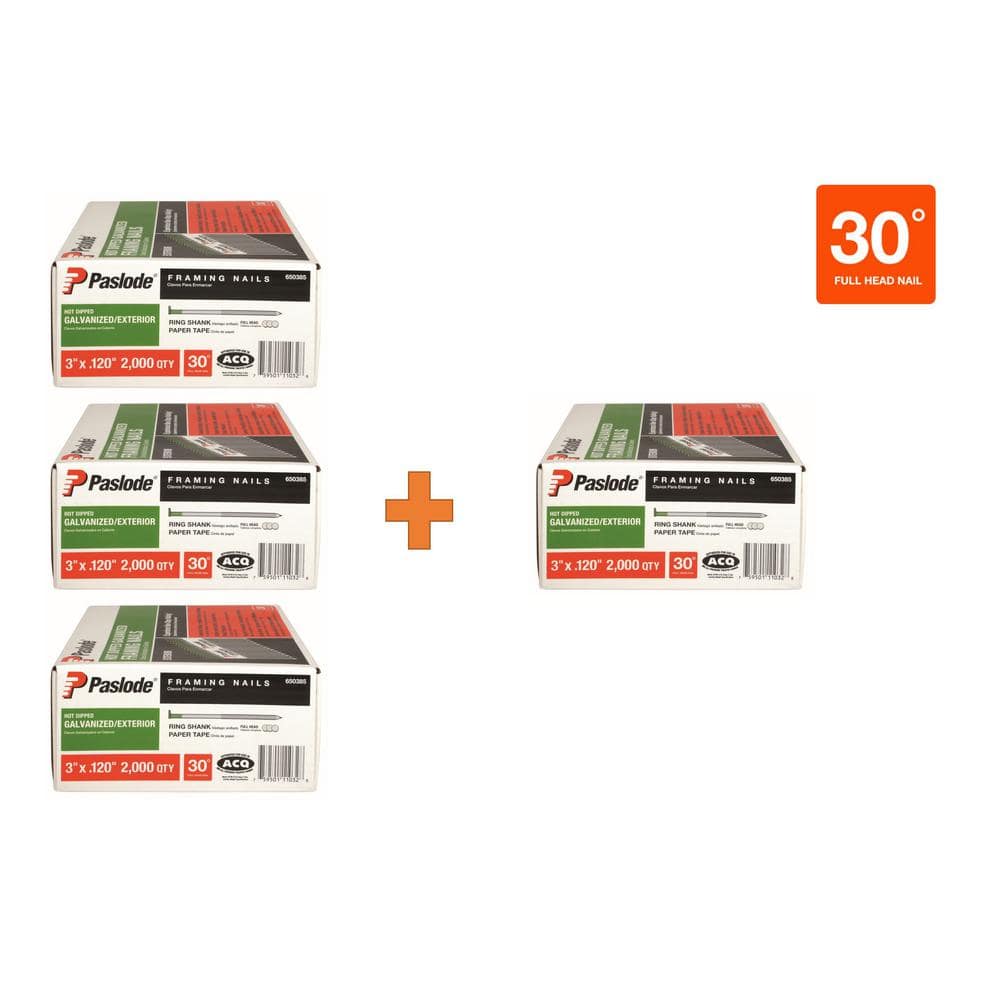 3 in. x 0.120-Gauge Galvanized Ring Shank 30° Paper Tape Framing Nails Combo (4 Boxes of Nails, 2000 Nails per Box) price history on PriceWatchPro